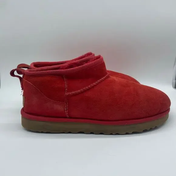 UGG Ultra Mini Red Classic Booties Leather Ankle Boots Winter Women's size 9 - Picture 3 of 11